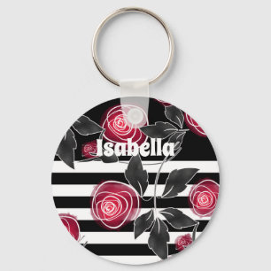 Abstract modern red roses leaves sketched flowers key ring