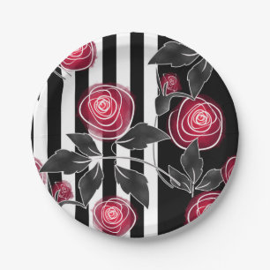 Abstract modern red roses leaves sketched flowers paper plate