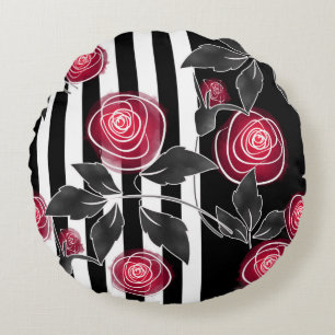 Abstract modern red roses leaves  sketched flowers round cushion