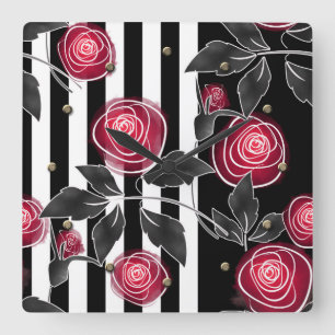 Abstract modern red roses leaves  sketched flowers square wall clock