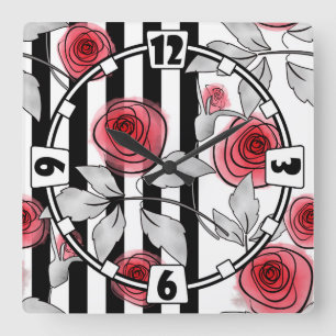 Abstract modern red roses leaves sketched flowers square wall clock