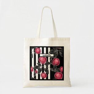 Abstract modern red roses leaves sketched flowers tote bag