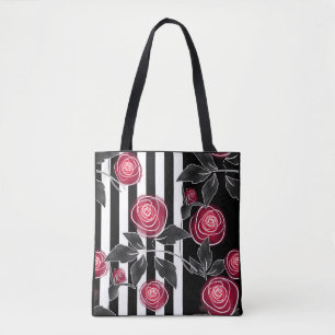 Abstract modern red roses leaves sketched flowers tote bag