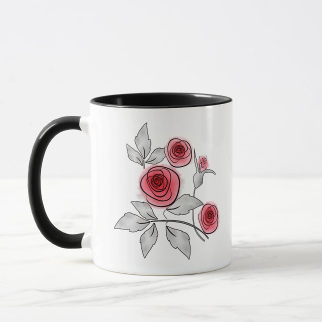 Abstract modern roses flowers red grey floral whit mug (Left)