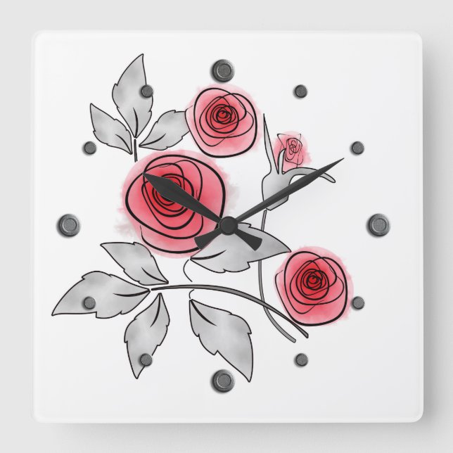 Abstract modern roses flowers red grey floral whit square wall clock (Front)