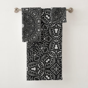 Abstract modern seamless ornamental white black ar bath towel set