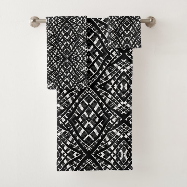 Abstract modern seamless ornamental white black ar bath towel set (Insitu)