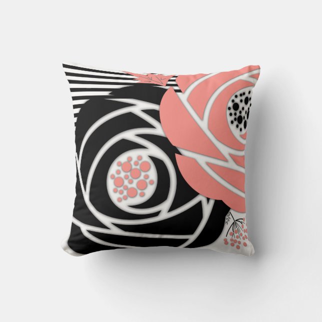 Abstract modern shapes flowers floral coral black cushion (Front)