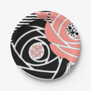 Abstract modern shapes flowers floral coral black paper plate