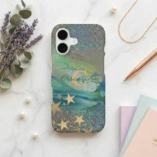 Abstract Modern Starry Glitter Liquid Name Initial