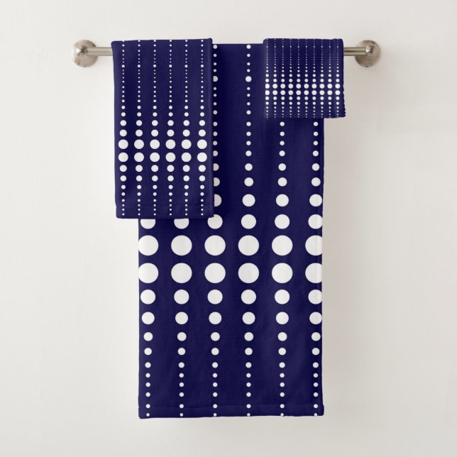 Abstract modern stylish navy white lines dots circ bath towel set (Insitu)