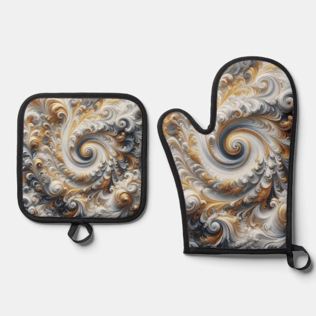 Abstract Modern Swirling Gold, Black and White  Oven Mitt & Pot Holder Set (Front)