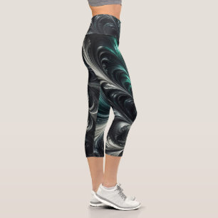 Abstract Modern Swirling Green, Silver and Black Capri Leggings