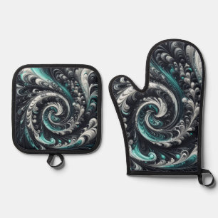 Abstract Modern Swirling Green, Silver and Black Oven Mitt & Pot Holder Set