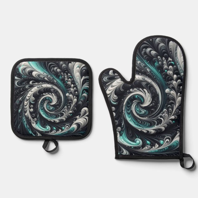 Abstract Modern Swirling Green, Silver and Black Oven Mitt & Pot Holder Set (Front)
