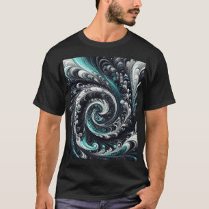 Abstract Modern Swirling Green, Silver and Black T-Shirt