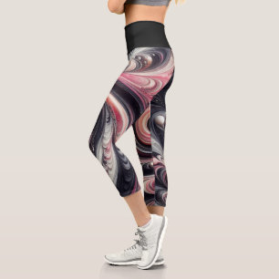 Abstract Modern Swirling Pink, Black and White Capri Leggings