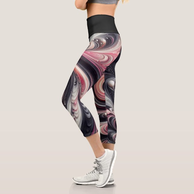 Abstract Modern Swirling Pink, Black and White Capri Leggings (Left)