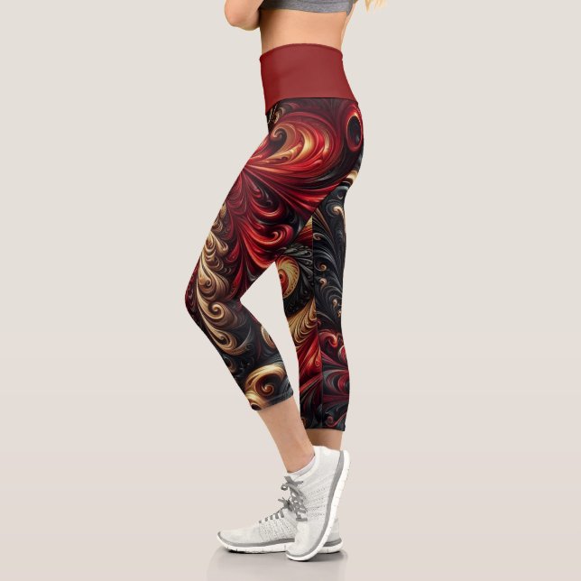 Abstract Modern Swirling Red, Black and Gold Capri Leggings (Left)
