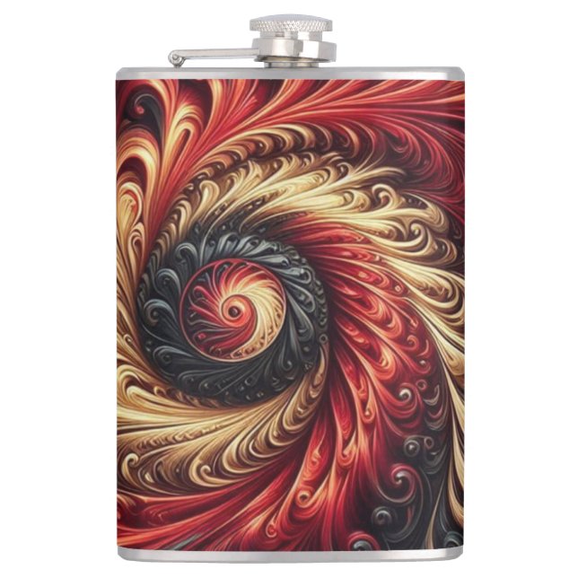 Abstract Modern Swirling Red, Black and Gold Hip Flask (Front)