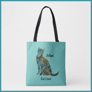 Abstract Modern Turquoise Blue and Gold Cat Tote Bag