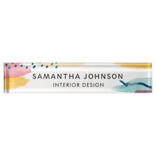 Abstract Modern Watercolor Yellow Navy Pink Nameplate