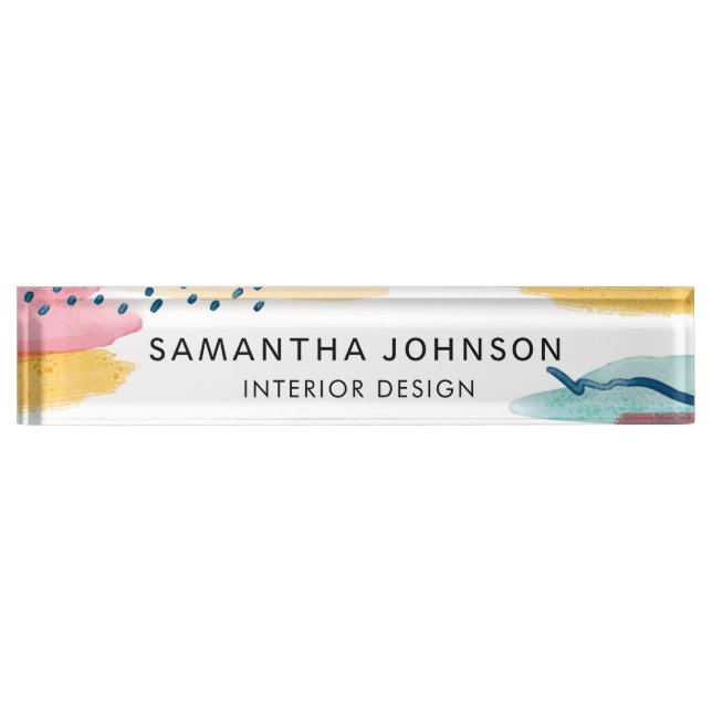 Abstract Modern Watercolor Yellow Navy Pink Nameplate (Front)
