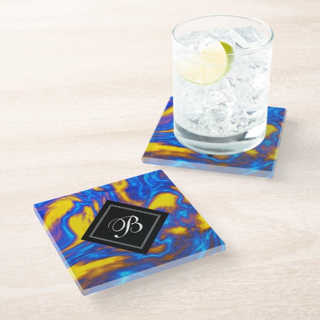 Abstract Modern Yellow Blue Purple Liquid Marble Glass Coaster (Angled)