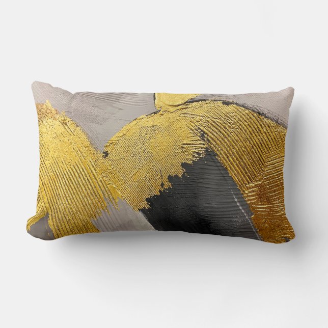 Abstract monochrome colours with gold brushstrokes lumbar cushion (Front)