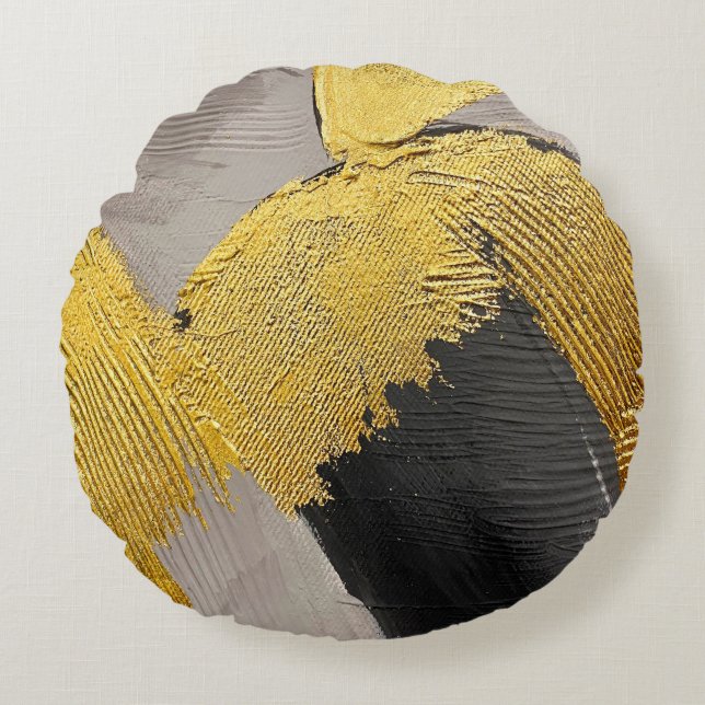 Abstract monochrome colours with gold brushstrokes round cushion (Front)