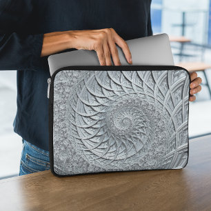 Abstract Monochrome Light Grey Spiral Fractal Laptop Sleeve