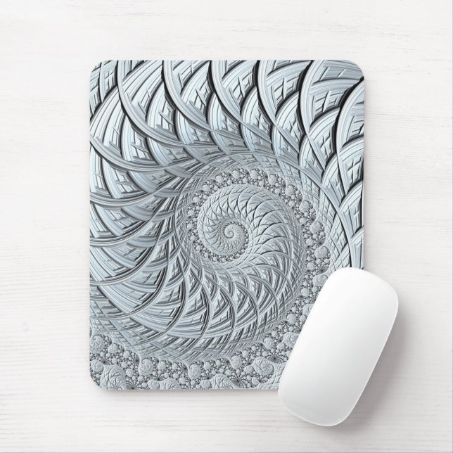 Abstract Monochrome Light Grey Spiral Fractal Mouse Mat (With Mouse)