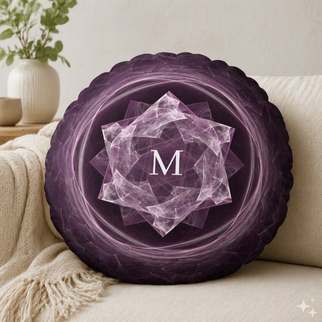 Abstract Monogram Dark Purple Star Fractal  Round Cushion (Creator Uploaded)