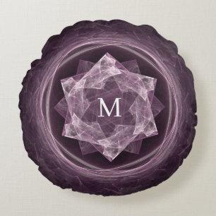 Abstract Monogram Dark Purple Star Fractal  Round Cushion
