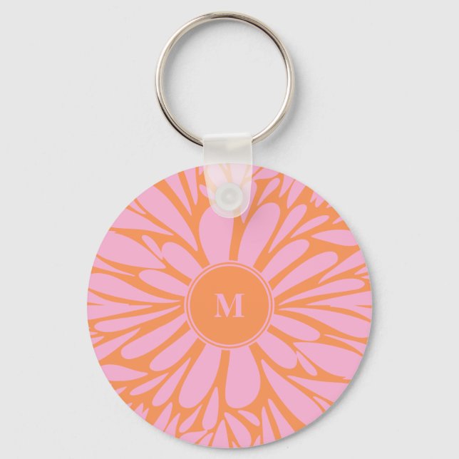 Abstract monogram floral burst pastel orange pink key ring (Back)