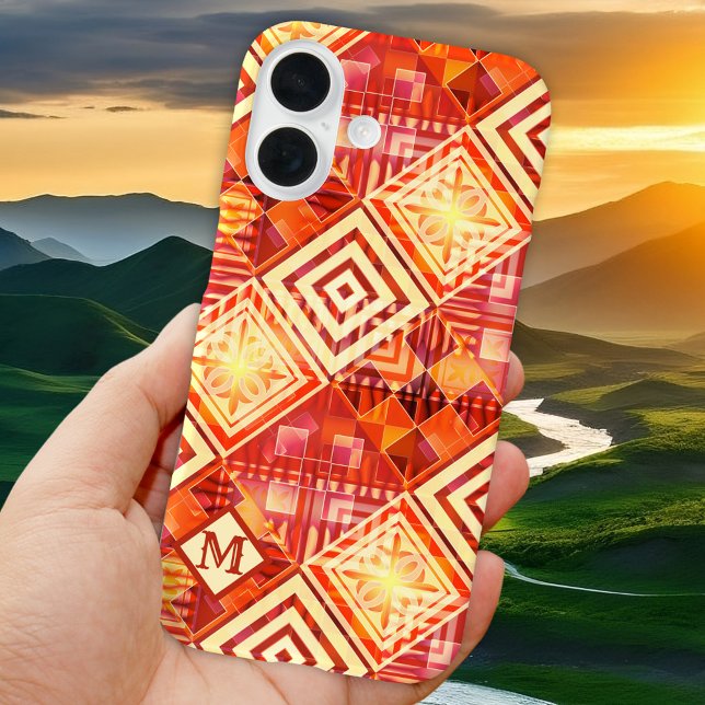 Abstract Monogram Geometric Pattern Phone Case (Personalized phone case featuring a festive geometric abstract pattern in warm colors with monogram)