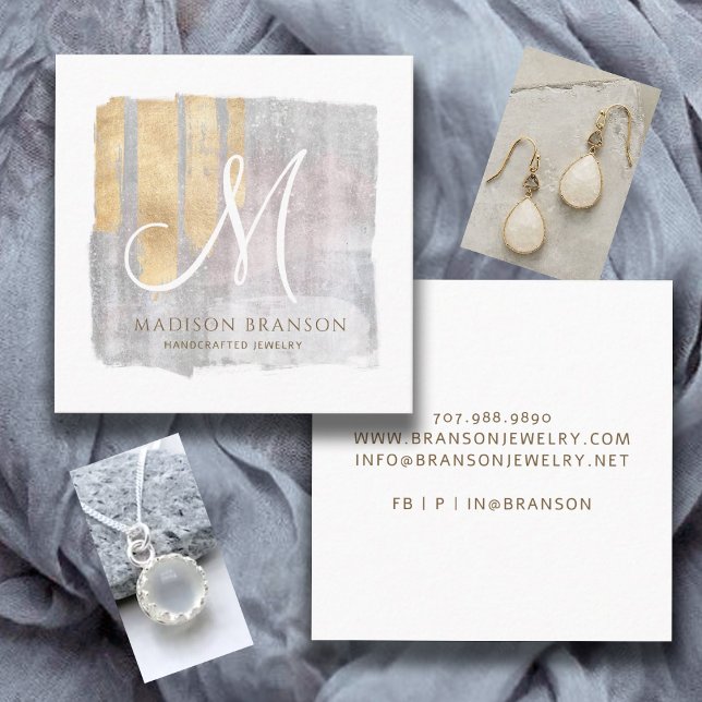 Abstract Monogram Gold Pink Blue Jewellery Designe Square Business Card (Creator Uploaded)