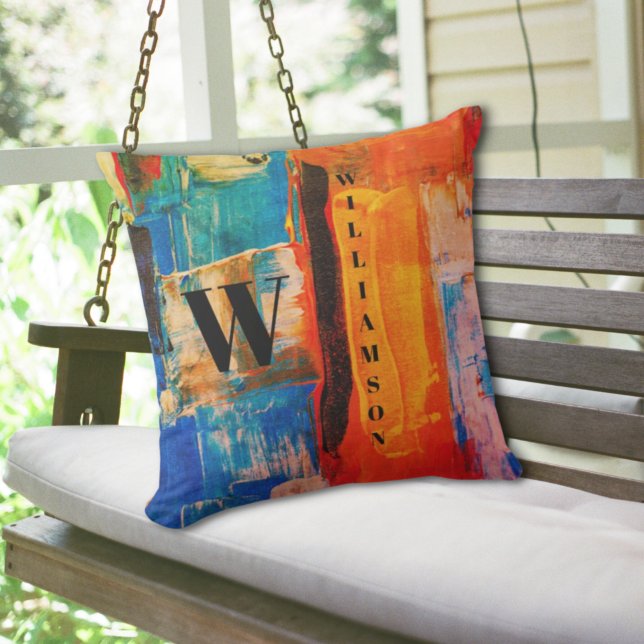Abstract Monogram Orange Blue Black Outdoor Cushion (Creator Uploaded)