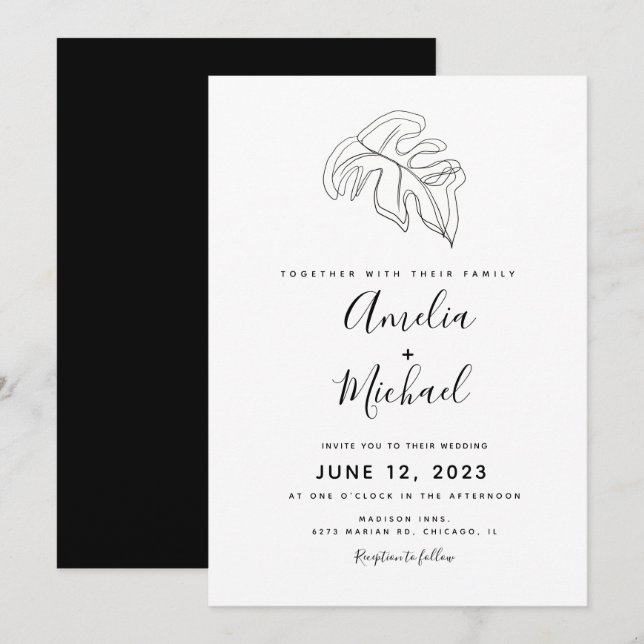 Abstract Monstera Hand Drawn  Botanical Wedding Invitation (Front/Back)