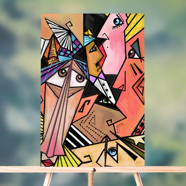 Abstract Mood Faces Art Cubism Style Acrylic Sign (Neutral)