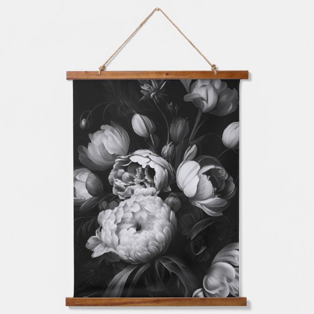 Abstract Moody florals in black and white Hanging Tapestry (Front)