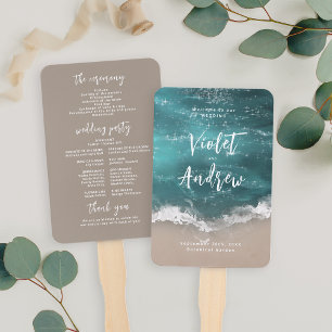 Abstract moody ocean beach wedding program hand fan