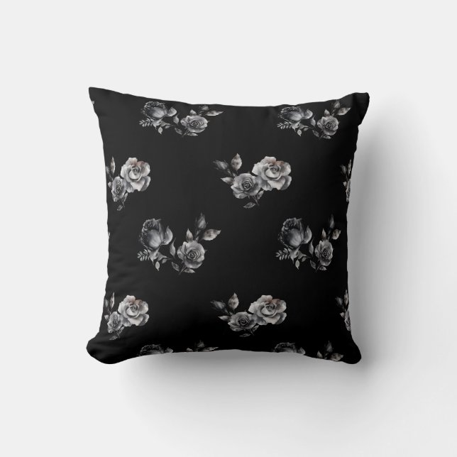 Abstract Moody rose black floral pattern Cushion (Front)