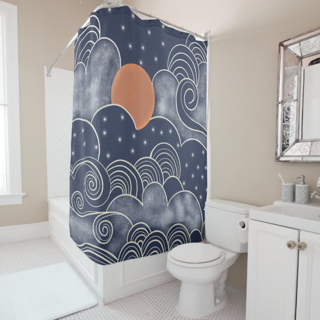 Abstract moon blue night sky  shower curtain (In Situ)
