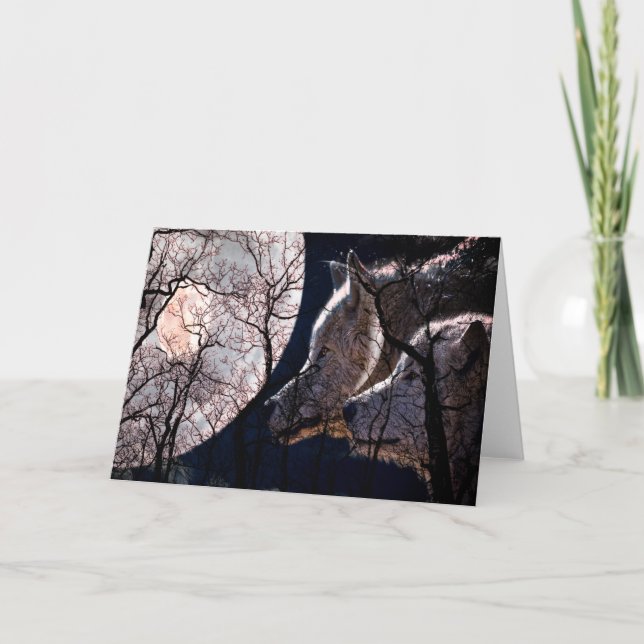 Abstract moon forest wolf tree greeting card (Front)