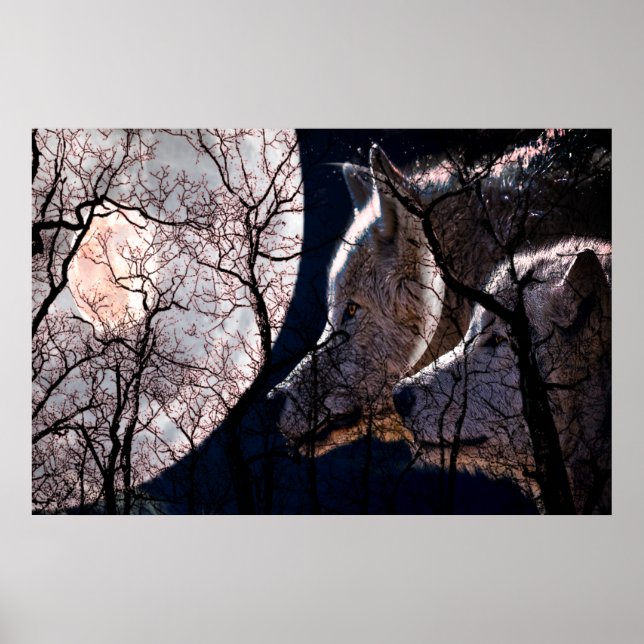 Abstract moon forest wolf tree poster (Front)
