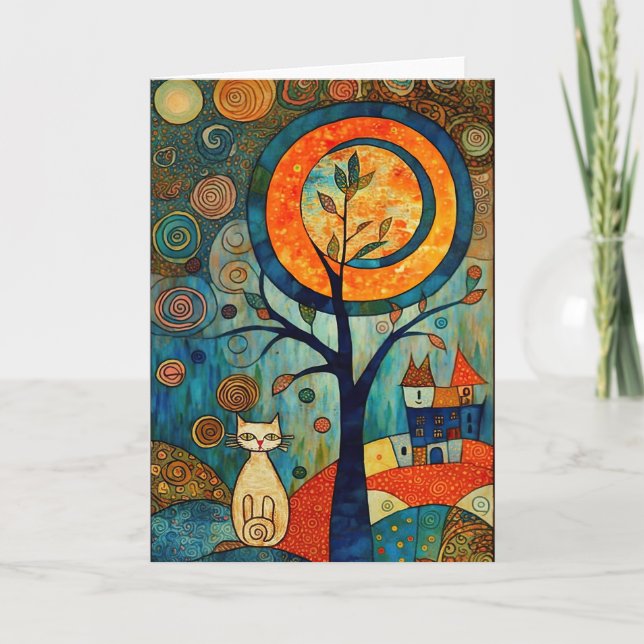 Abstract Moon: Whimsical Cat in Romanesque Style Thank You Card (Front)