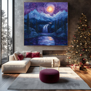 Abstract Moonlit Waterfall with Starry Night Moon Canvas Print