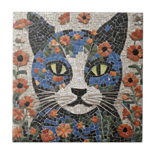 Abstract Mosaic Cat with Flowers  Tile