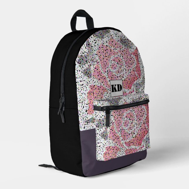 Abstract mosaic flower rose pink white grey floral printed backpack (Back Corner Left)